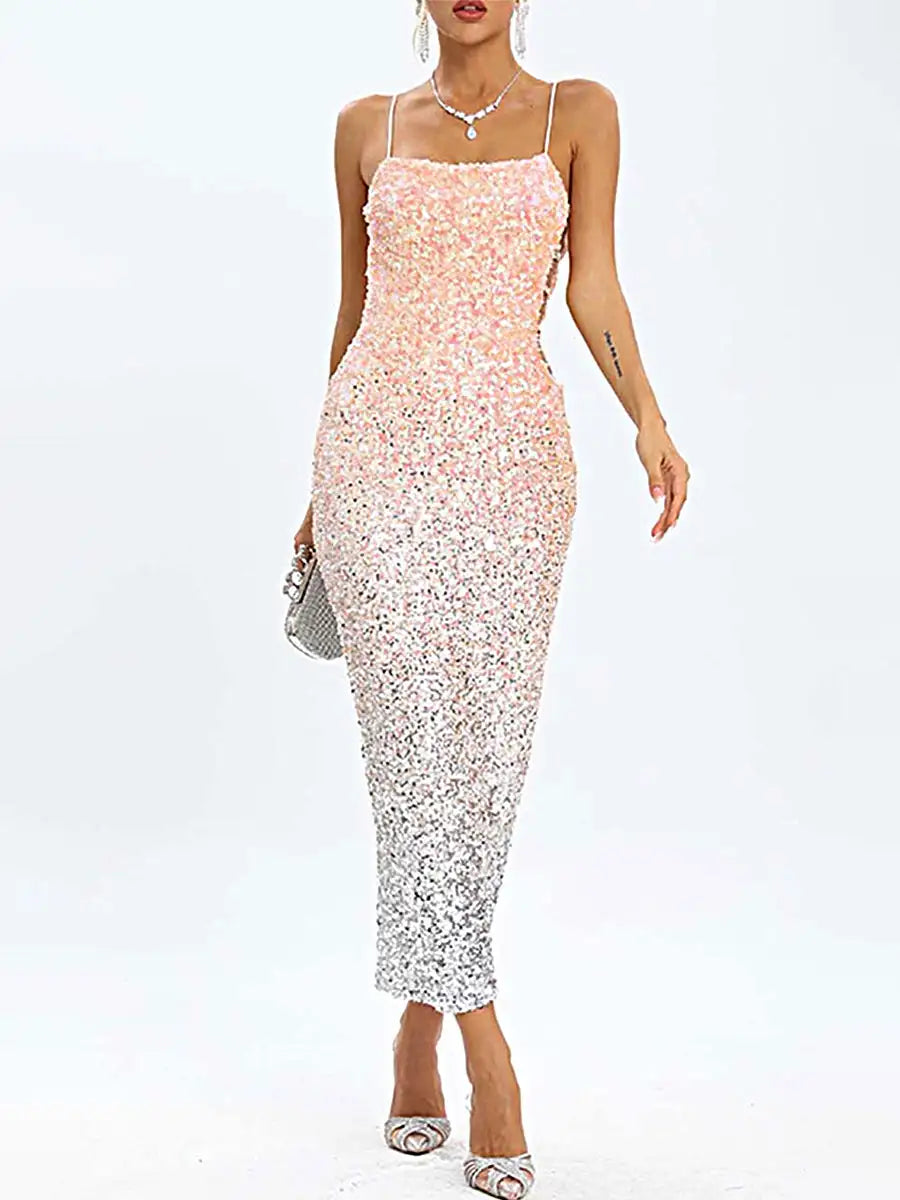 midi bodycon dressesSpaghetti Strap Sequin Midi Dress in Ombre Pink