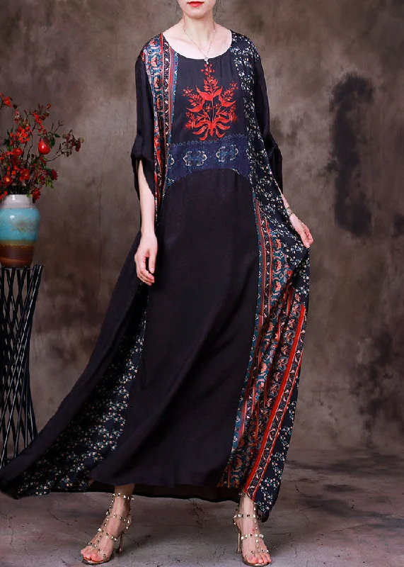 maxi dresses for music festivalsBoho Chocolate Colour Print Patchwork Silk Maxi Dress Long Sleeve