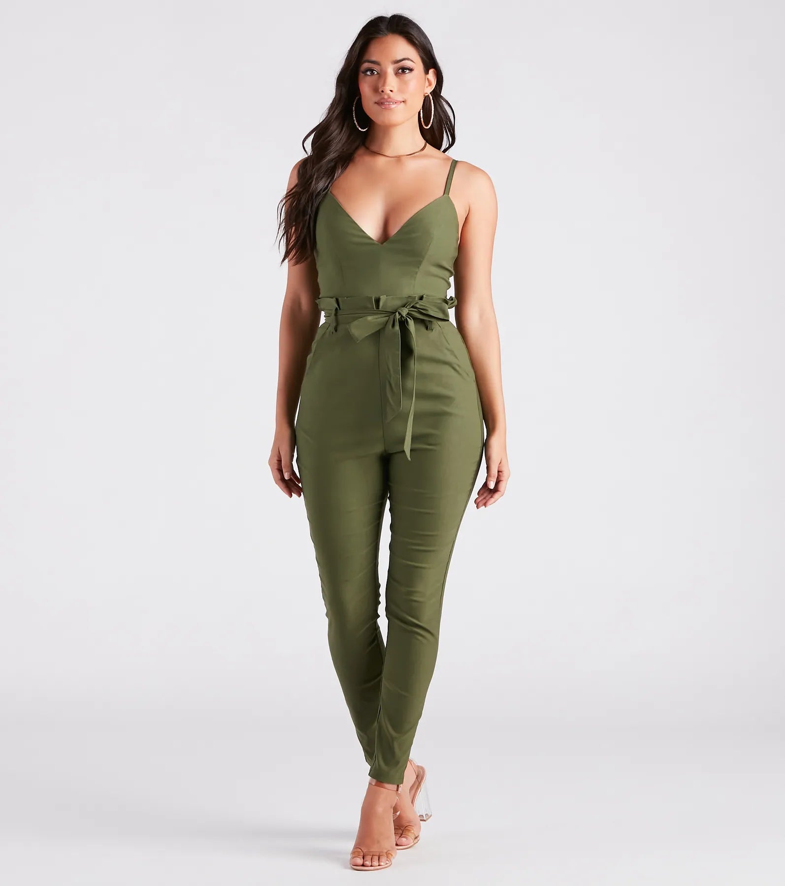 women's jumpsuits made of cottonStraight To Business V-Neck Paper Bag Jumpsuit