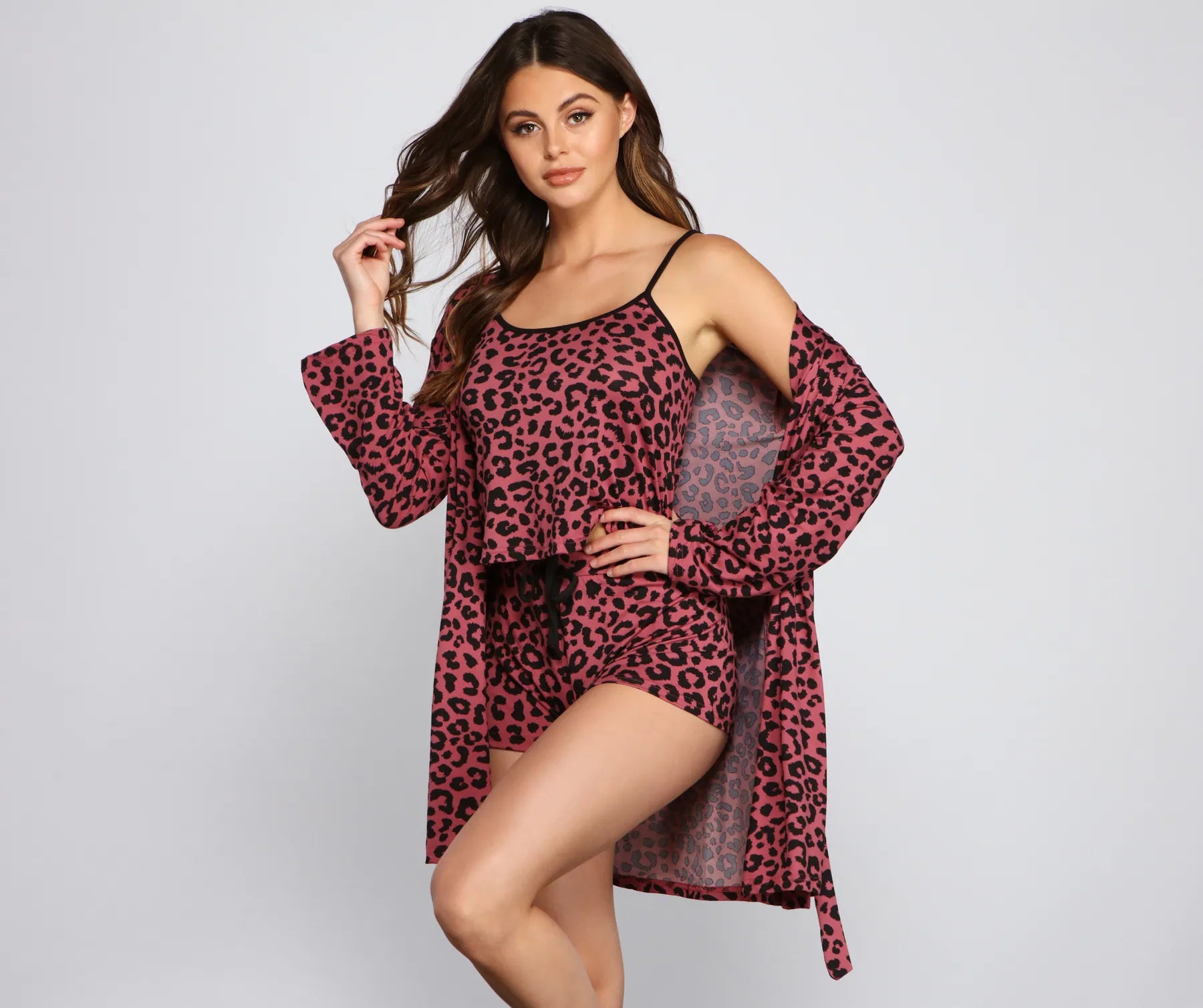 women's solid-color shortsWildest Dreams Leopard Robe and Pajama Cami With Shorts Set