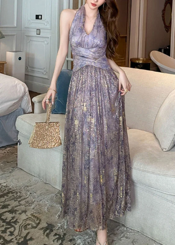 maxi dresses for black-tie eventsSlim Fit Purple Halter Print Cold Shoulder Maxi Dresses Summer