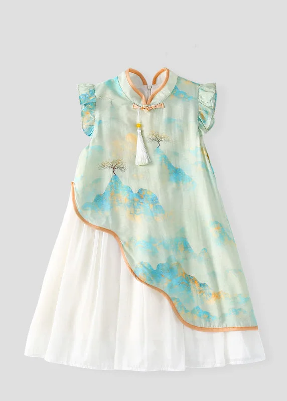 chiffon maxi dressesCute Green Stand Collar Chiffon Patchwork Kids Chiffon Maxi Dress Short Sleeve