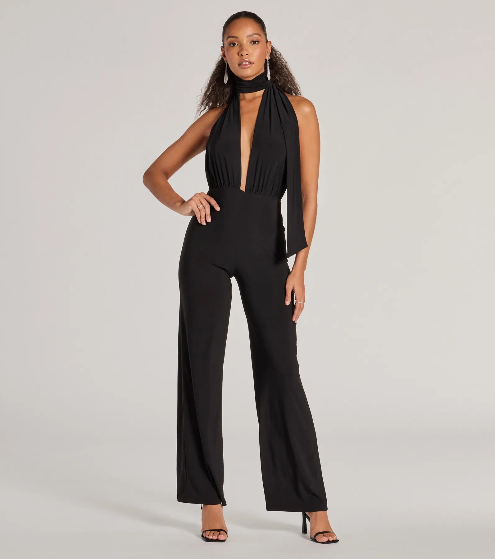 women's cropped jumpsuitsChic Position Plunge Scarf Straight-Leg Jumpsuit