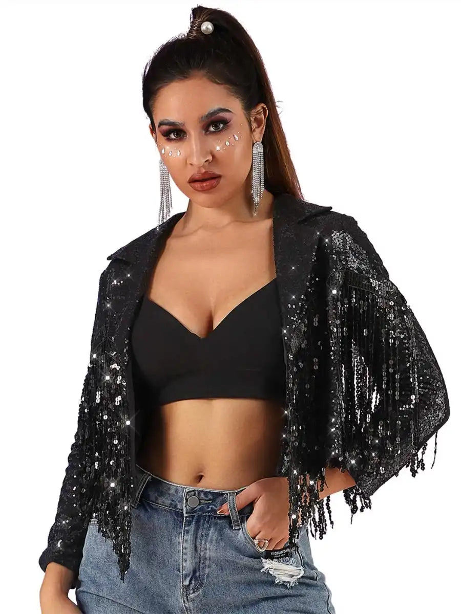 women's long sleeve tops with ethical sourcingShort Long Sleeve Lapel Black Sparkly Fringe Jacket