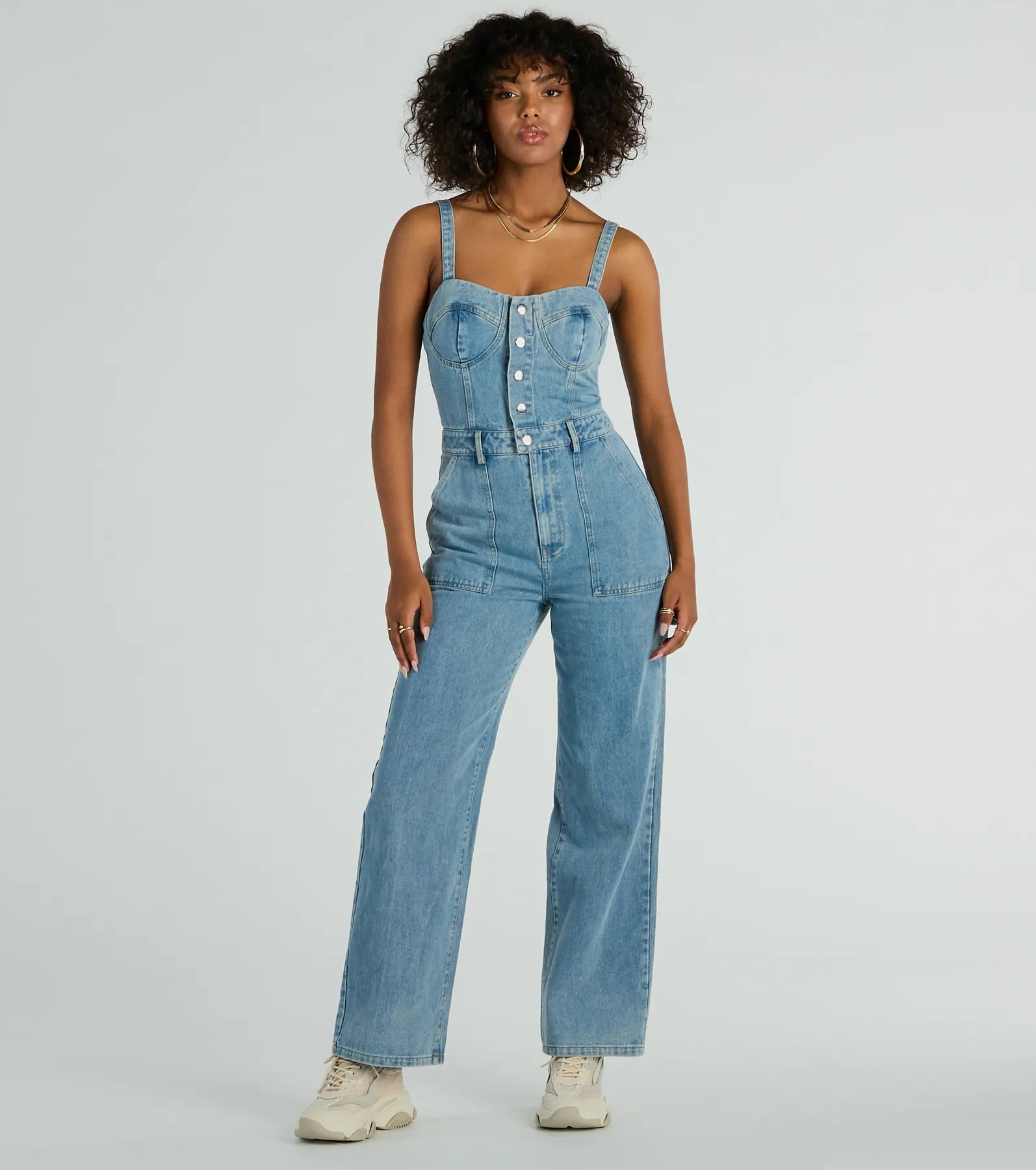 women's jumpsuits with off-the-shoulder necksTrendy Perfection Button Up Wide Leg Denim Jumpsuit