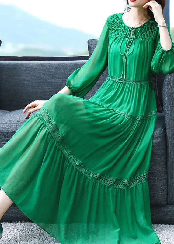 maxi dresses with sequined detailsChic Green Ruffled Patchwork Hollow Out Silk Maxi Dress Bracelet Sleeve