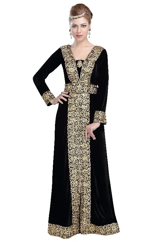 maxi dresses with cinched waistsArabian Kaftan in Black Velvet Long Maxi Gown