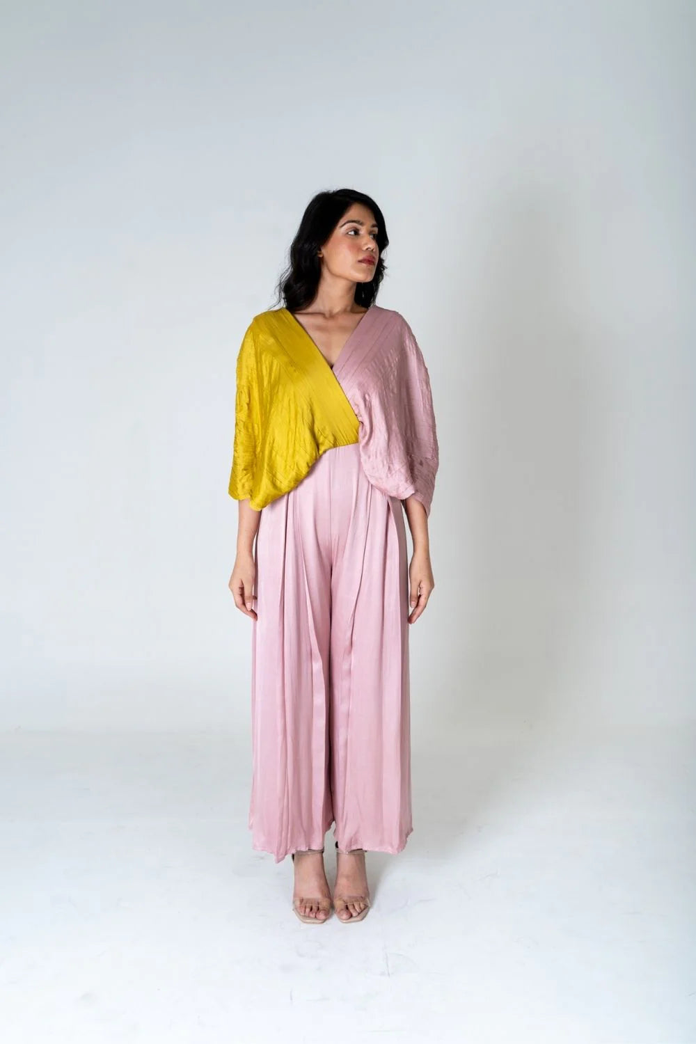 women's jumpsuits with V-necksPink-Yellow Color-Blocked Jumpsuit