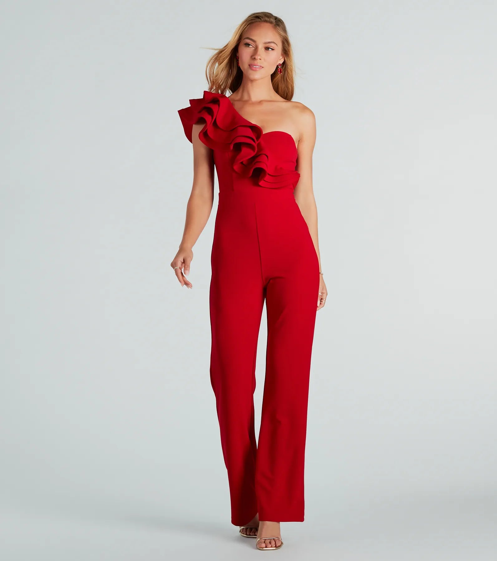 women's jumpsuits for everyday wearCatwalk Strut Crepe Ruffle One-Shoulder Jumpsuit