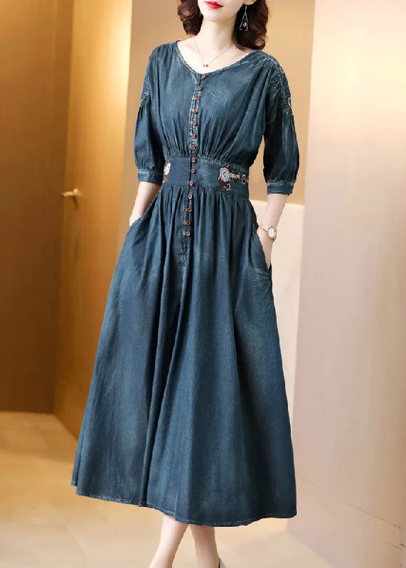 maxi dresses with lace overlaysBoho Blue O-Neck Wrinkled Tunic Cotton Denim Maxi Dress Long Sleeve