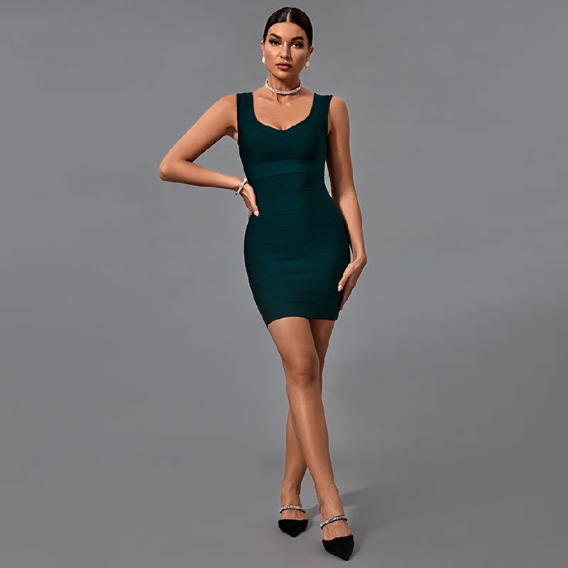 sleek Mimi dresses for business casualSquare Collar Sleeveless Striped Mini Bandage Dress PF21517