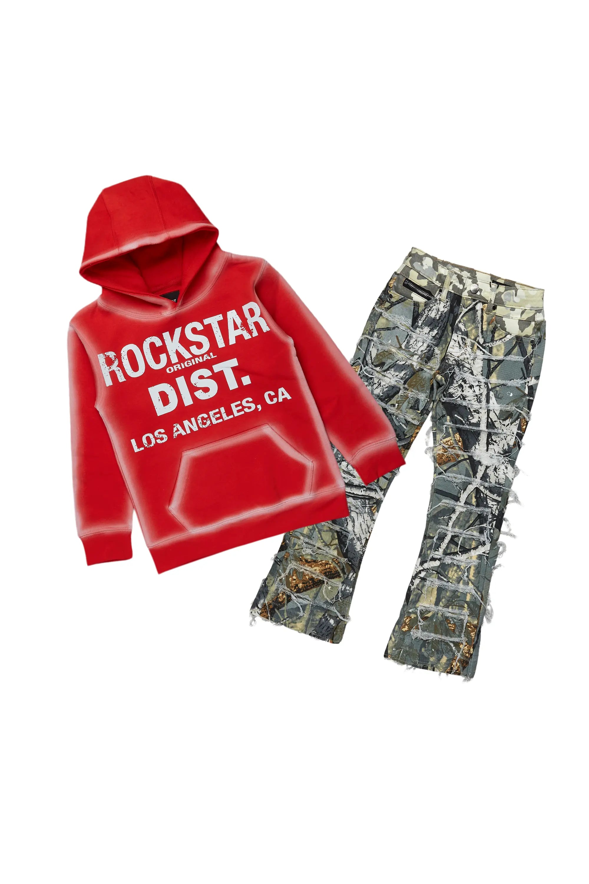 women's reversible pantsBoys Bridger Red/Tree Camo Hoodie/Stacked Flare Jean Set