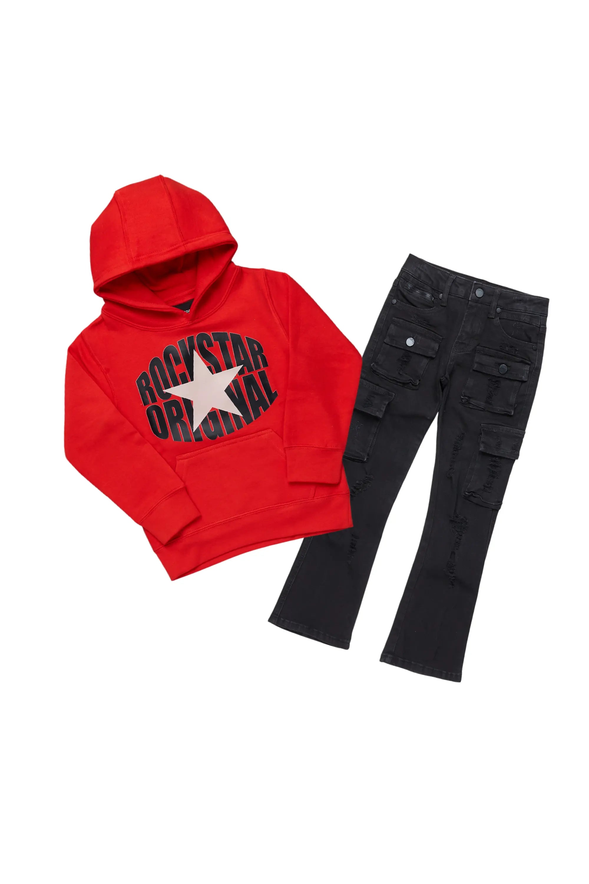 women's bridal pantsBoys Ezry Red/Black Hoodie/Stacked Flare Jean Set