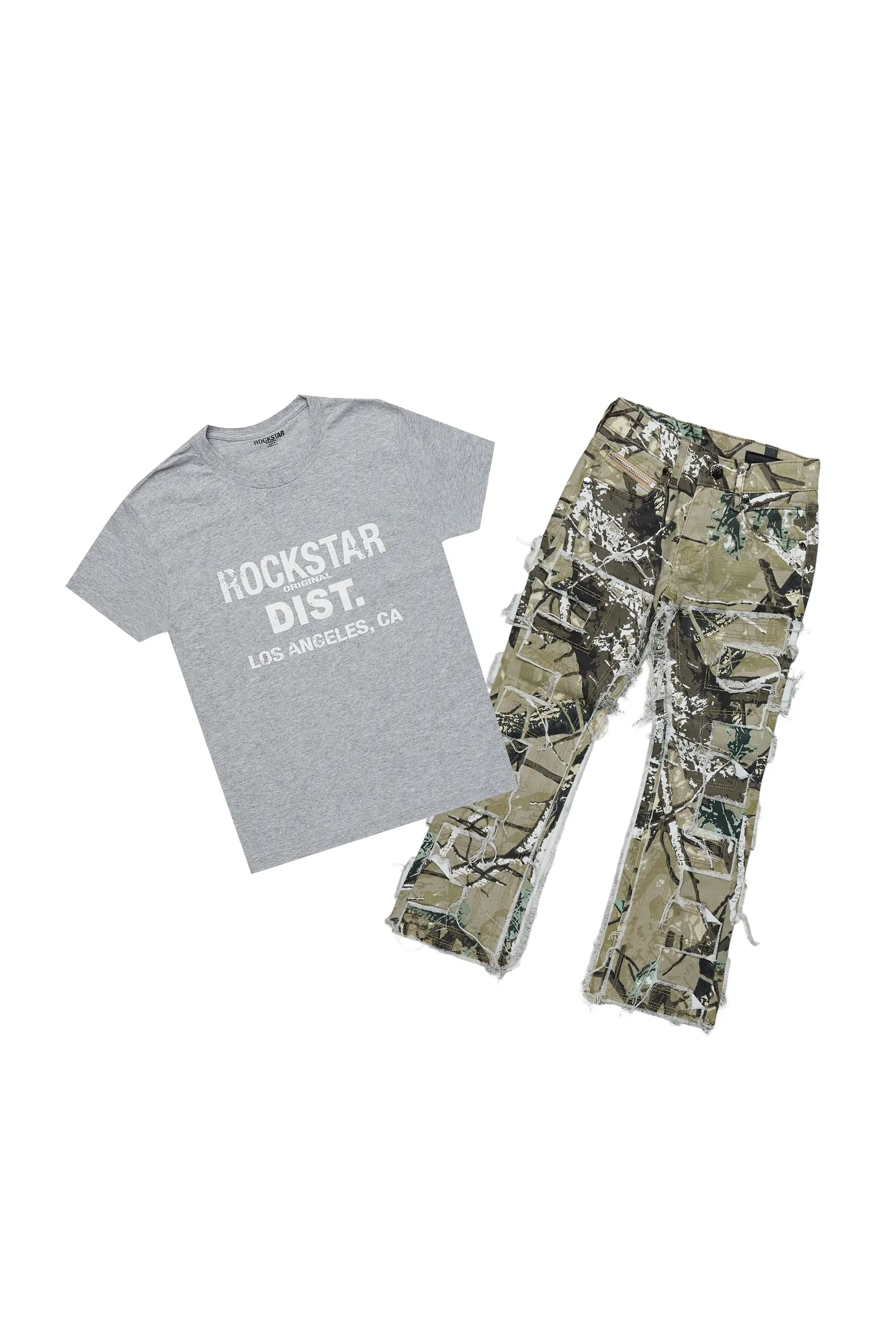 women's travel pantsBoys Kyaire Grey/Tree Camo T-Shirt/Stacked Flare Jean Set