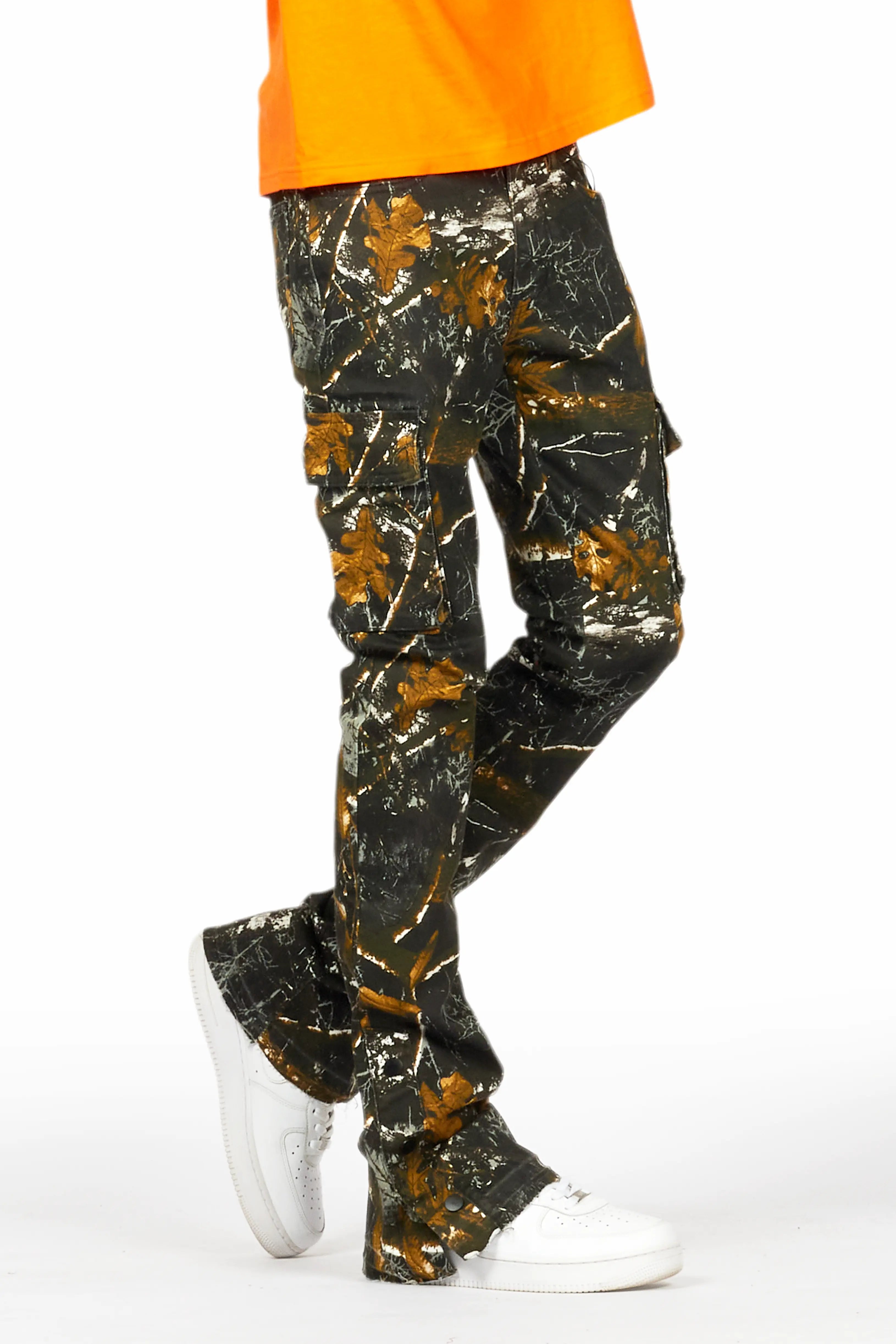 women's cotton pantsWaage Black Tree Camo Cargo Stacked Flare Jean