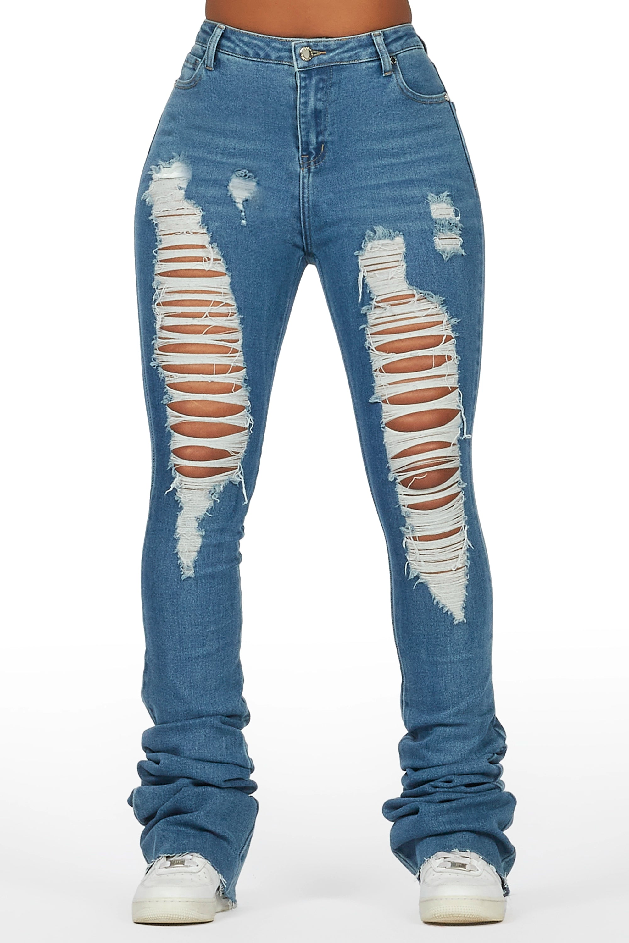 women's clubbing pantsYours Truly Med. Wash Distressed Super Stacked Jean