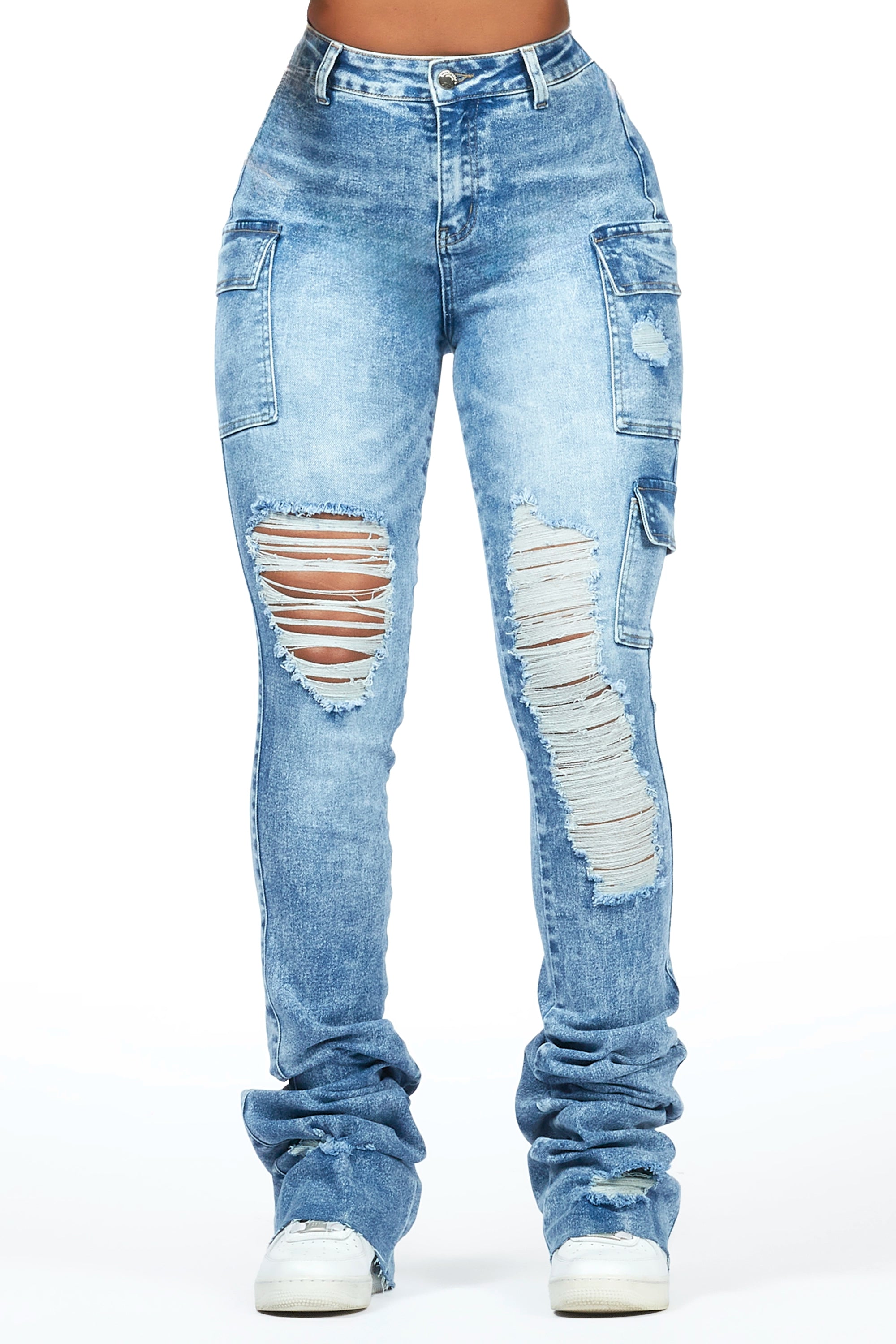 women's sweatpantsVixen Acid Wash Distressed Cargo Super Stacked Jean