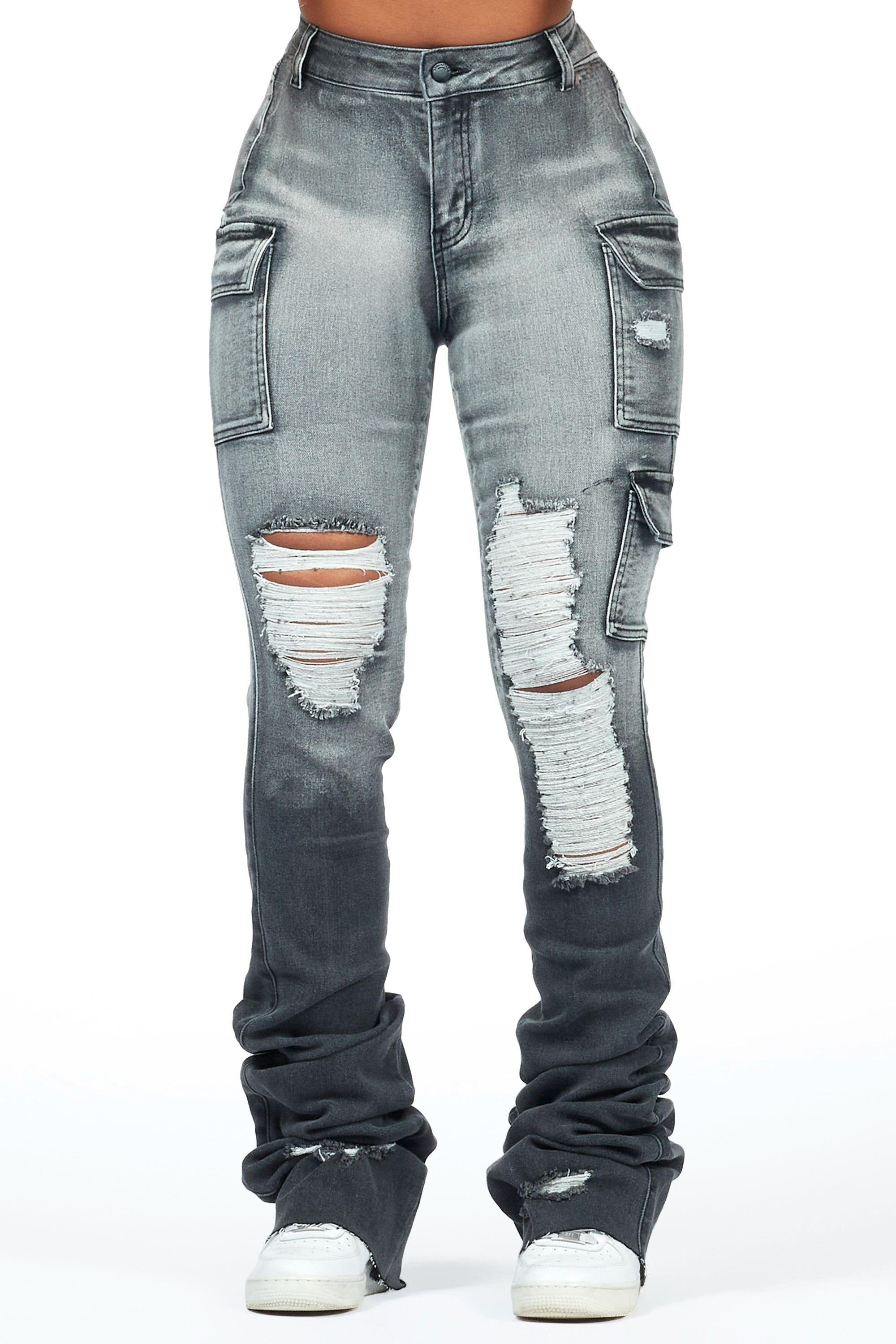 women's leggingsVixen Grey Wash Distressed Cargo Super Stacked Jean