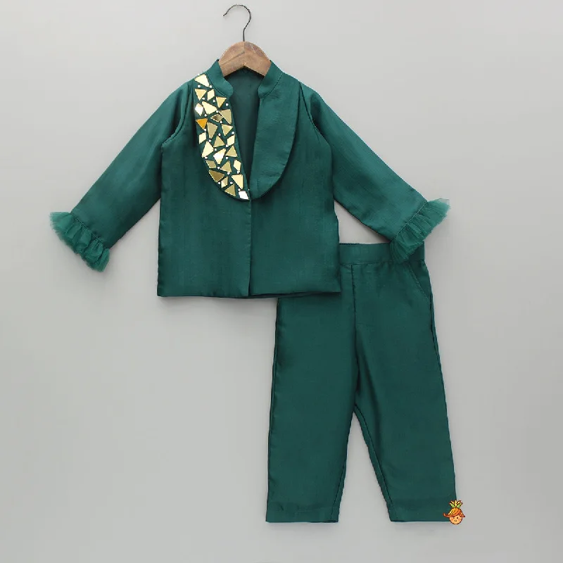 women's sustainable pantsEmbellished Green Blazer Style Top With Pant