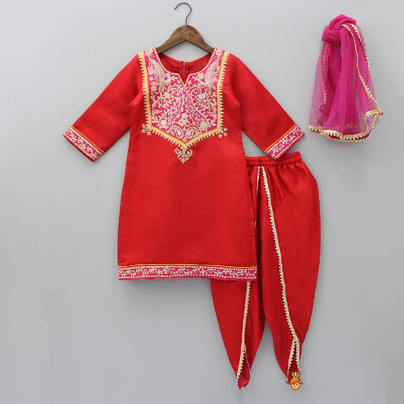 women's spring pantsExquisite Embroidered Red Kurti And Tulip Pant With Dupatta