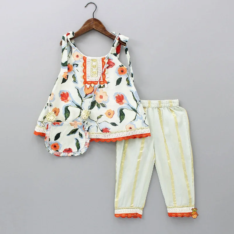 women's patched pantsFlower Printed Tie Up Strap Kurti And Pant With Matching Sling Bag