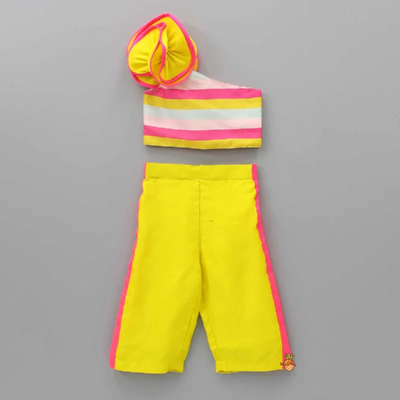 women's embroidered pantsHorizontal Striped Ruffled Top And Yellow Pant