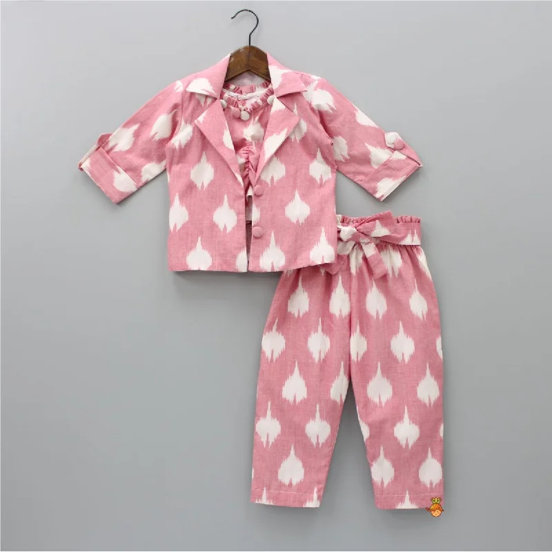 women's petite pantsIkkat Printed Cotton Baby Pink Top With Notch Collar Jacket And Knot Detail Pant