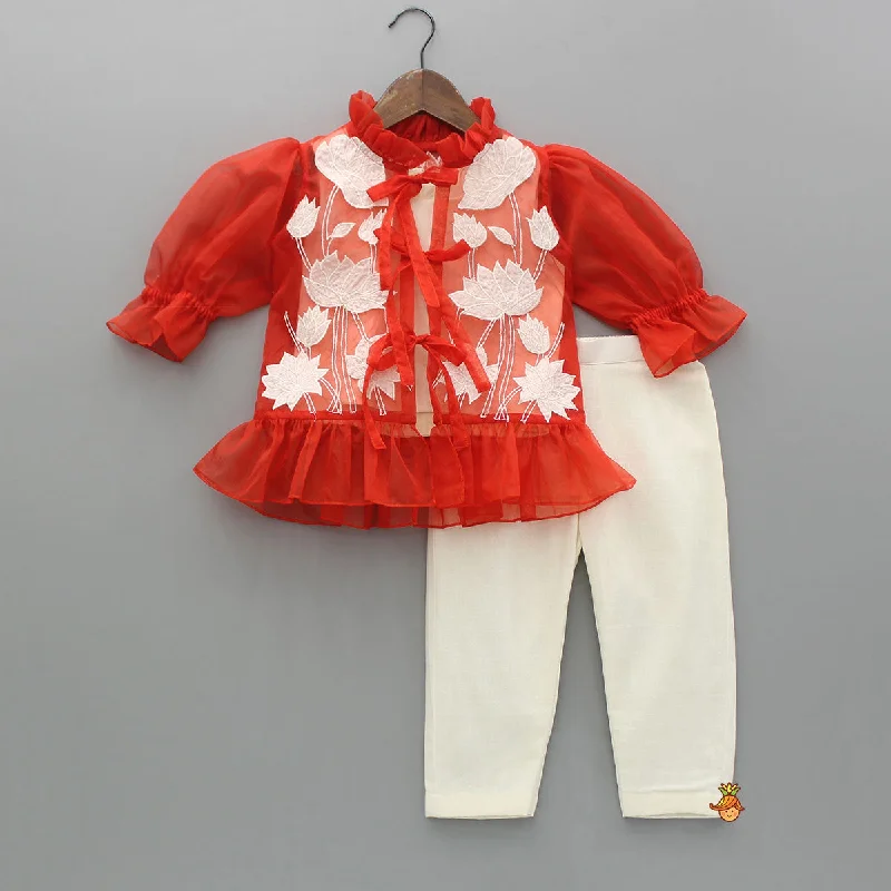 women's chiffon pantsOff White Top With Front Tie Up Knot Applique Embroidered Jacket And Pant