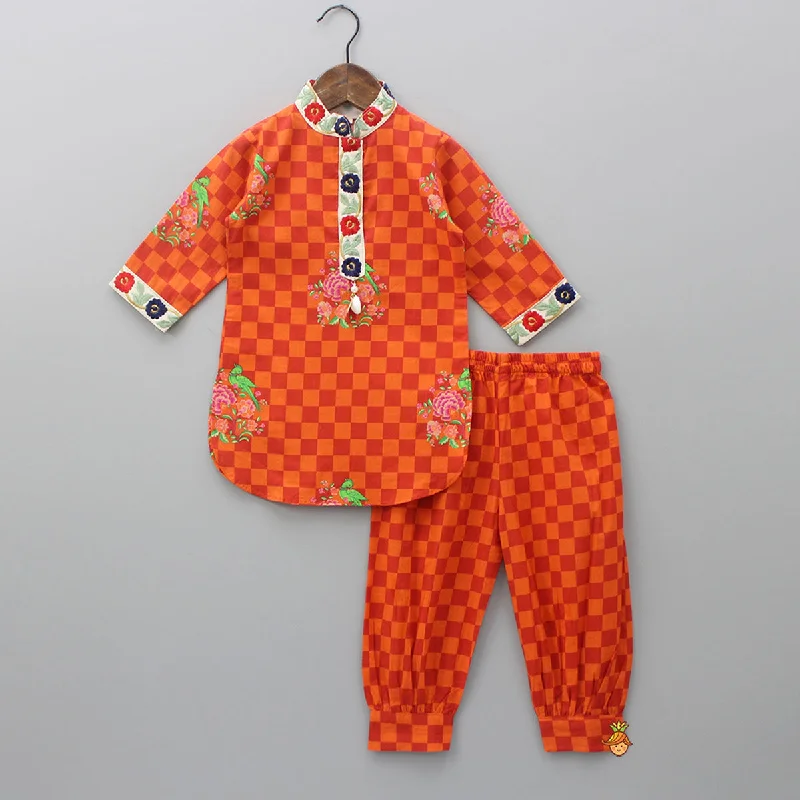 women's sweatpantsOrange Checks Printed Kurti With Matching Pant