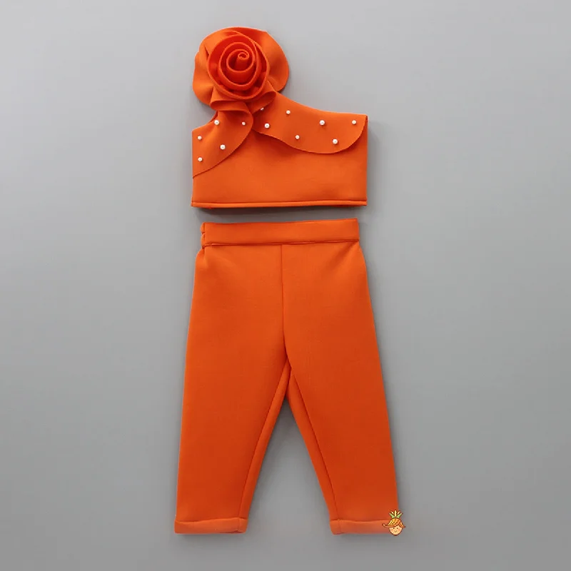 women's leather pantsOrange Rose One Shoulder Crop Top and Matching Pant