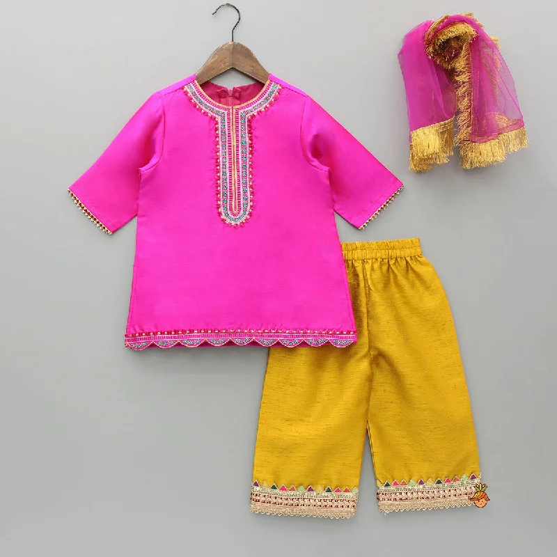 women's flare pantsPink Embroidered Kurti With Pant And Dupatta