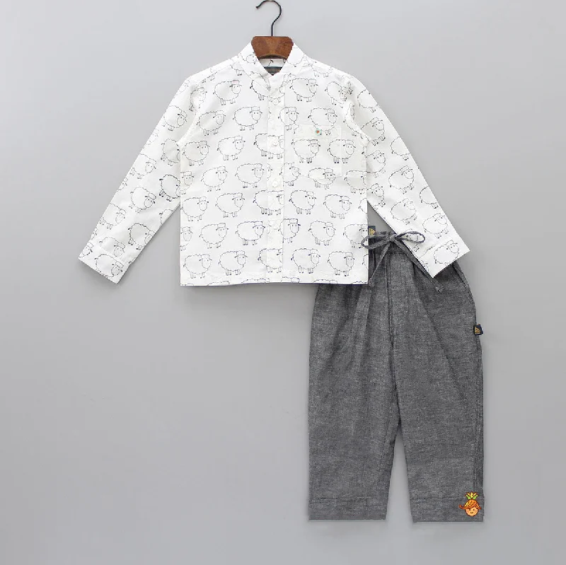 women's mid-rise pantsSheep Hand Block Printed Shirt And Grey Pant