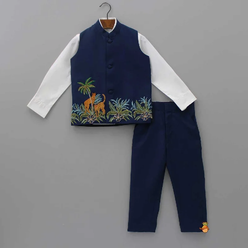 women's high-waisted pantsShirt And Jungle Theme Embroidered Jacket With Pant