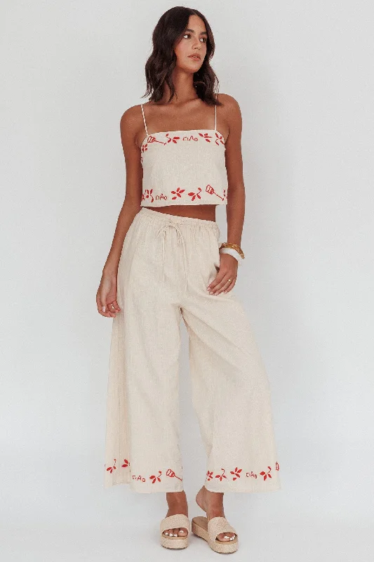 women's tall pantsSorrento Summer Embroidered Wide-Leg Pants Oat