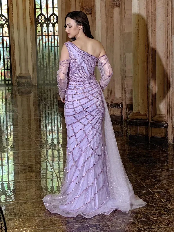 Formal Dress for Theater OpeningsDylan & Davids Long Couture Long Sleeve Hand Beaded Formal Dress Lilac