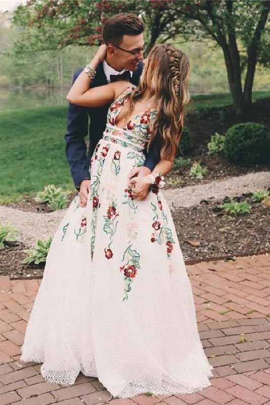 ball gown prom dressesA Line Deep V Neck Ivory Lace Backless Embroidery Prom Dresses With Printed