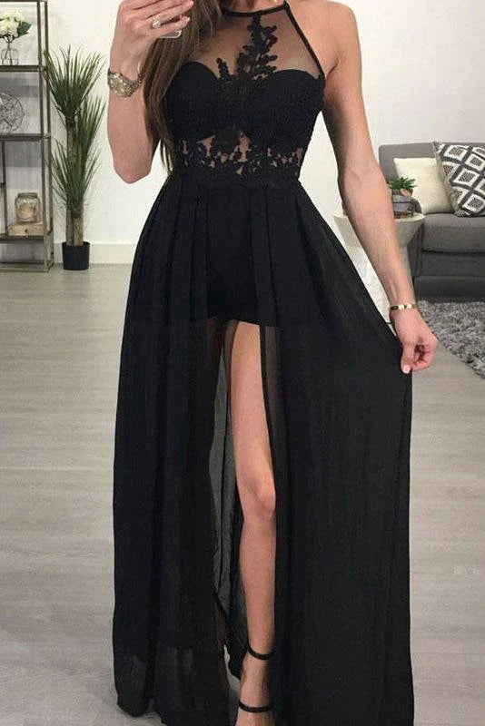 silk prom dressesA-line Halter See-through Black Floor Length Appliqued Chiffon Sexy Long Prom Dresses