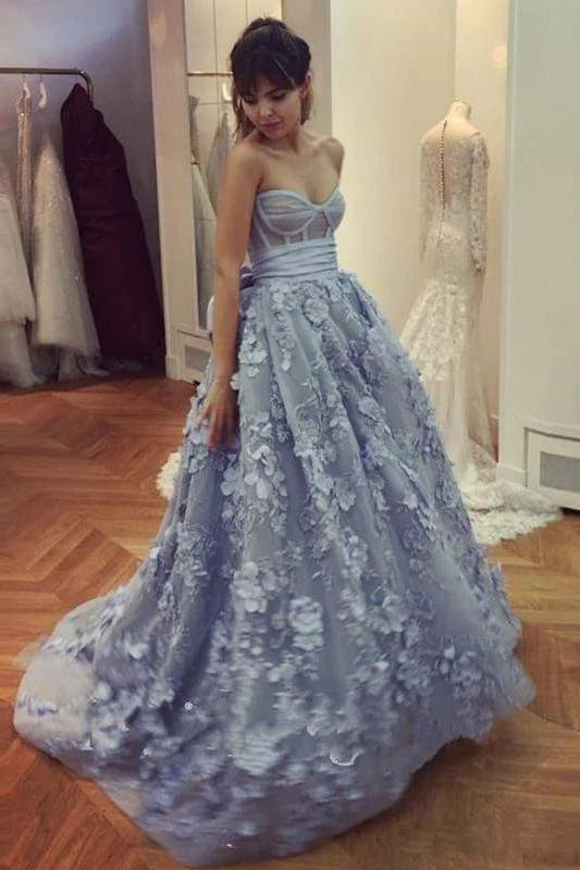 prom dresses with sequin detailingA Line Lace Appliques Sweetheart Prom Dresses Long Blue Quinceanera Dresses