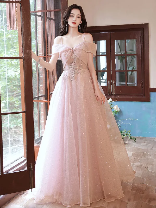 lace prom dressesA LINE PINK LONG PROM DRESSES, OFF SHOULDER PINK FORMAL GRADUATION DRESSES      S1352