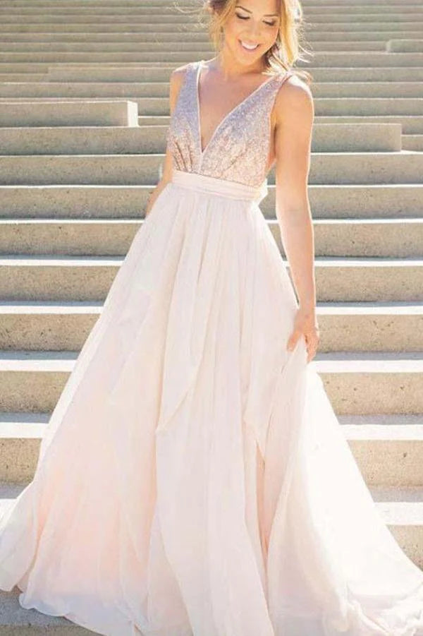 classic prom dressesA Line Pink V Neck Sequins Simple Long Cheap Chiffon Backless Sleeveless Prom Dresses