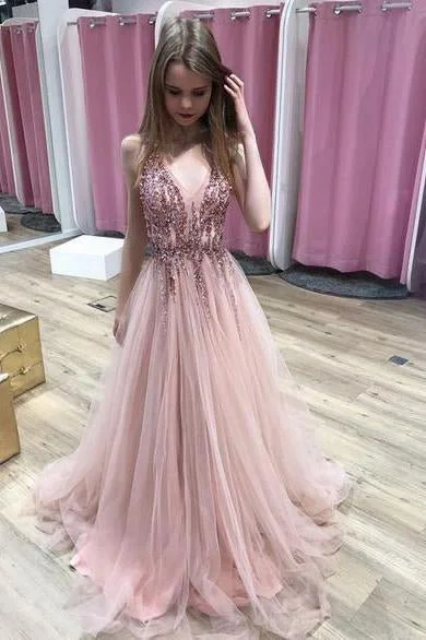 satin prom dressesA Line Pink V Neck Tulle Sequin Beads Long Prom Dress Cheap Graduation Dresses