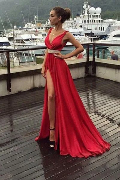 prom dresses with pocketsA-Line Red Simple With Slip Side Satin Chiffon Charming Deep V-Neck Sleeveless Prom Dresses