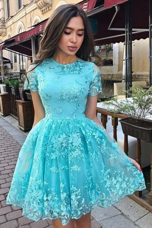 high-slit prom dressesA Line Sleeve Lace Homecoming Charming Prom Dress with Short Sleeves   S1511