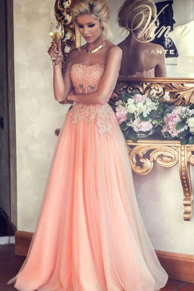 two-piece prom dressesA-Line Strapless Lace Appliqued Floor-length Blush Pink Beaded Tulle Prom Dresses