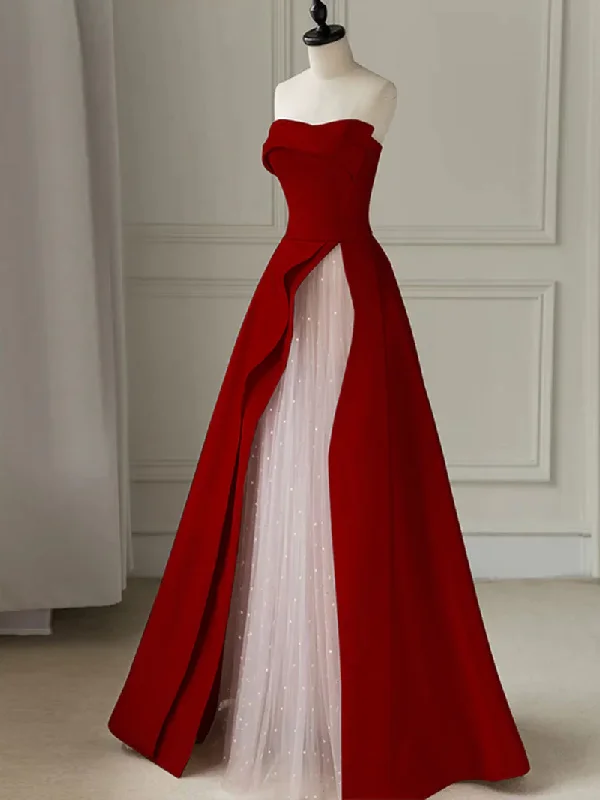 sweetheart neckline prom dressesA LINE BURGUNDY SATIN LONG PROM DRESS, BURGUNDY FORMAL DRESS  S1346