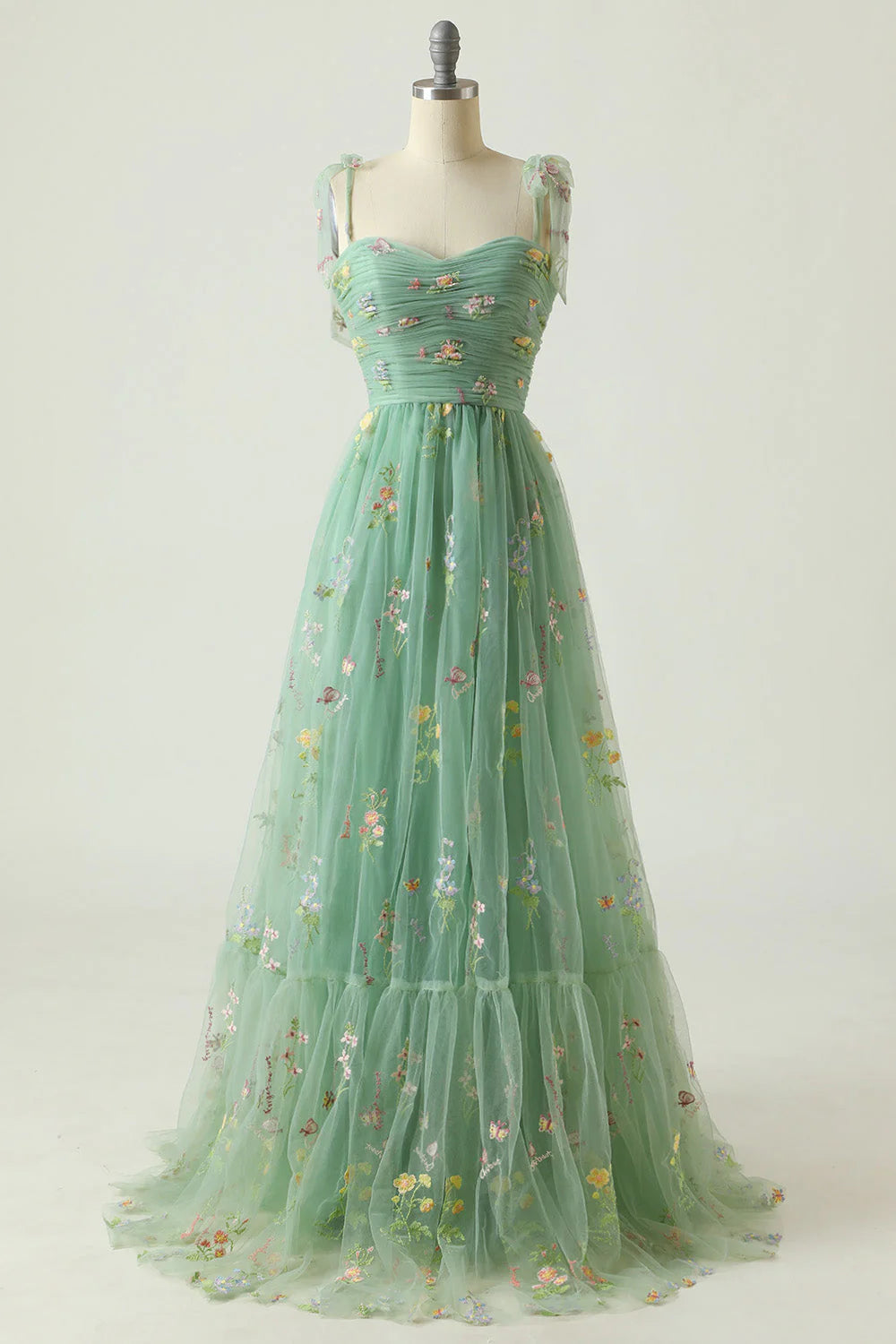 bespoke prom dressesAmzcw Green A Line Spaghetti Straps Tulle Prom Dress With Embroidery