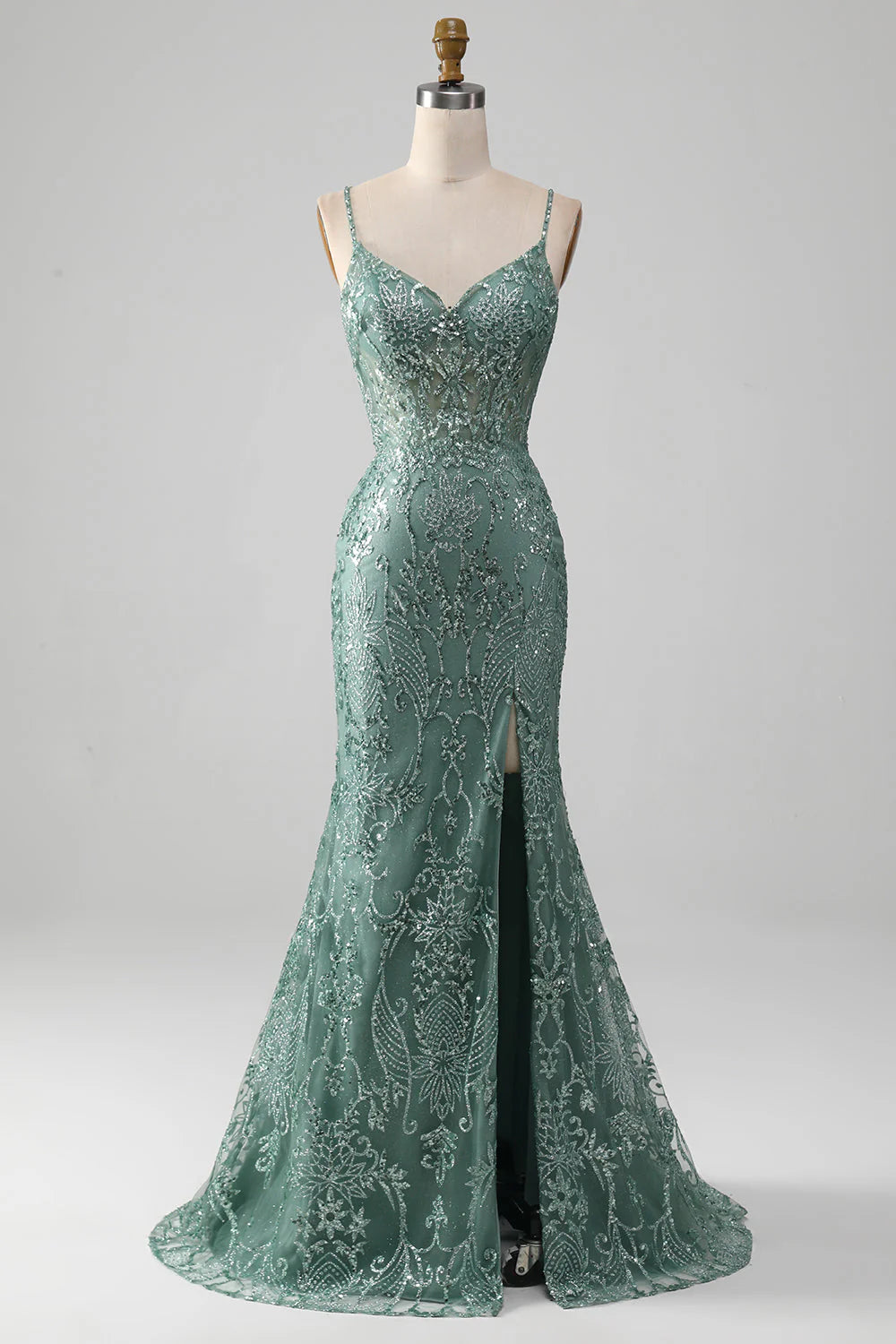 A-line prom dressesAmzcw Grey Green Sheath Spaghetti Staps Sparkly Beaded Prom Dress with Slit