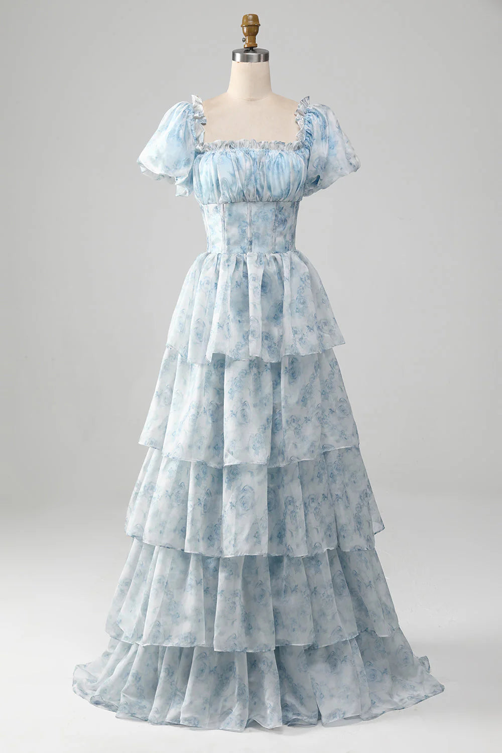 prom dress try-on ideasAmzcw Light Blue A-Line Tiered Corset Prom Dress With Puff Sleeves