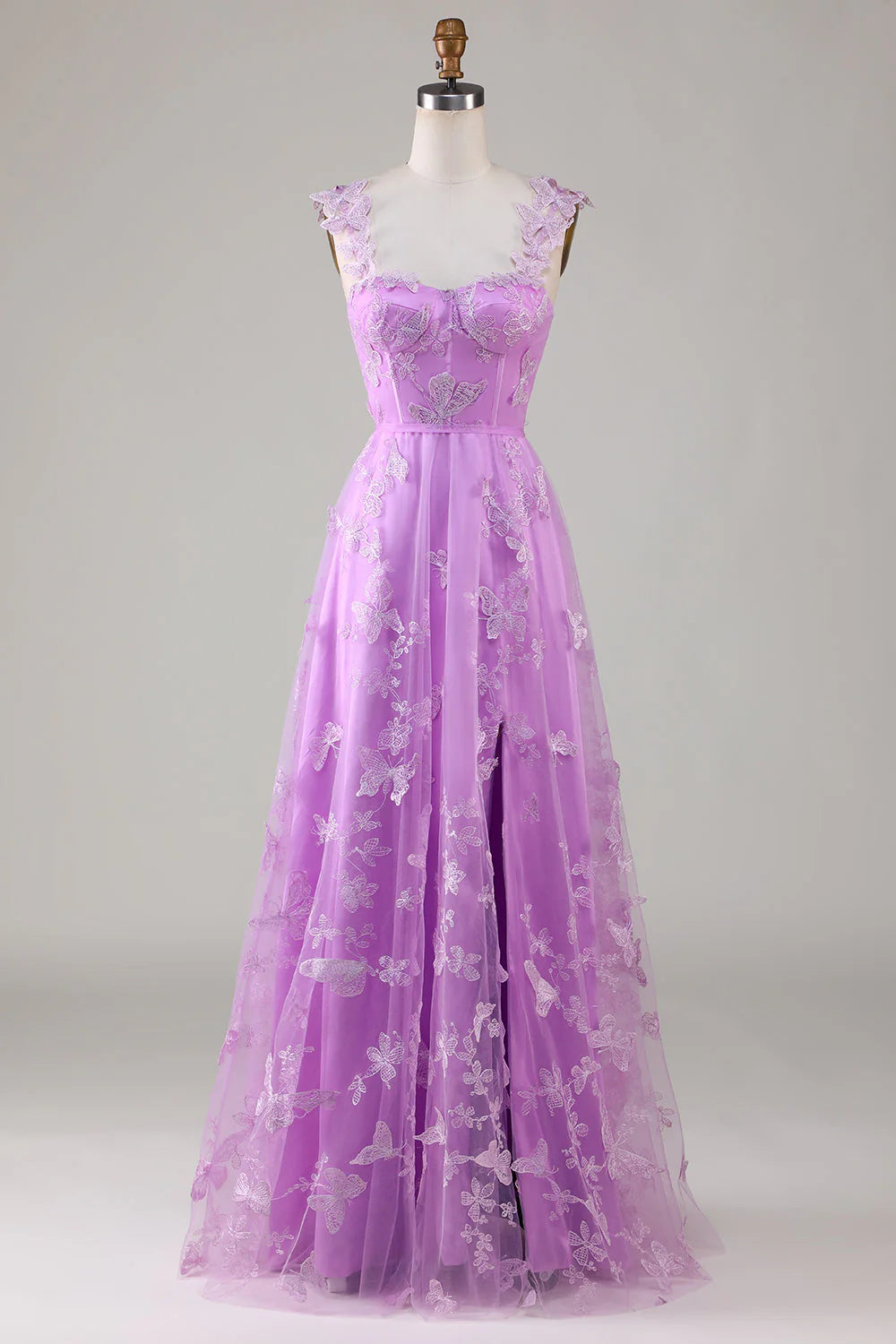 prom dresses with sheer overlaysAmzcw Purple A Line Square Neck Corset Long Prom Dress with 3D Butterflies