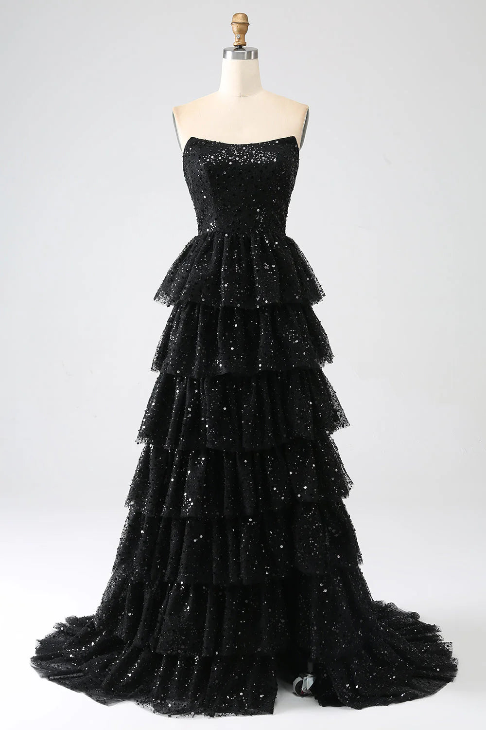 classic prom dressesAmzcw Sparkly Black A-Line Strapless Sequins Tiered Long Prom Dress with Slit